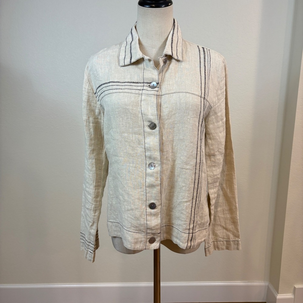Vtg Chico's Design Linen Shirt Womens 0 Beige Embroidered Jacket Boho Lagenlook